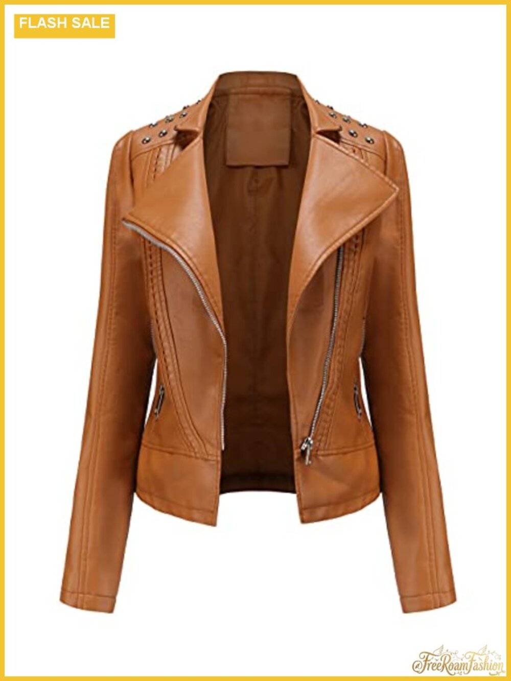Faux Leather Moto Biker Jacket Studded Shoulder Slim Fit